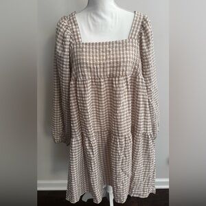 SHEIN Tan and White Checkered Seersucker Dress